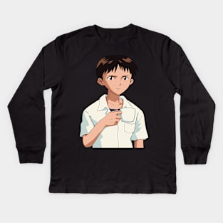 Shinji Holding a Mug HD  90s grain Texture Restored image Neon Genesis Evangelion Kids Long Sleeve T-Shirt